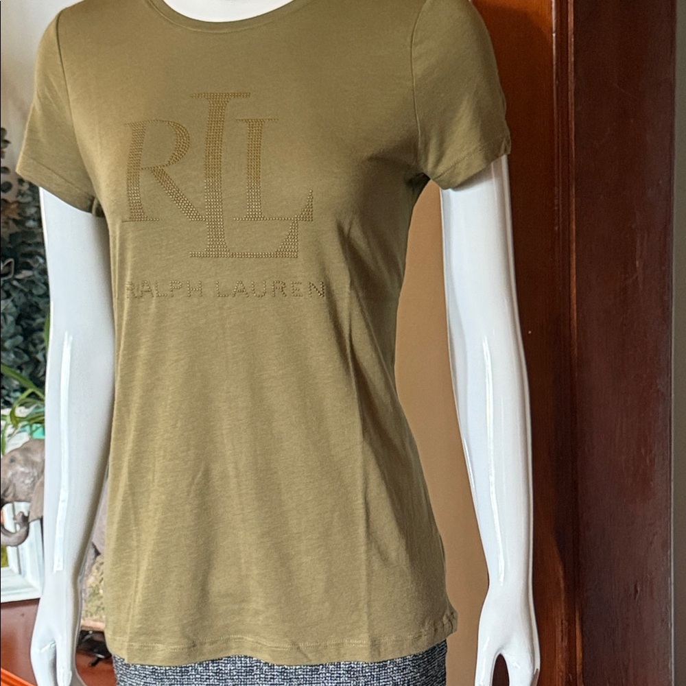 NWT size small Ralph Lauren Olive Green Women's Top bedazzled logo